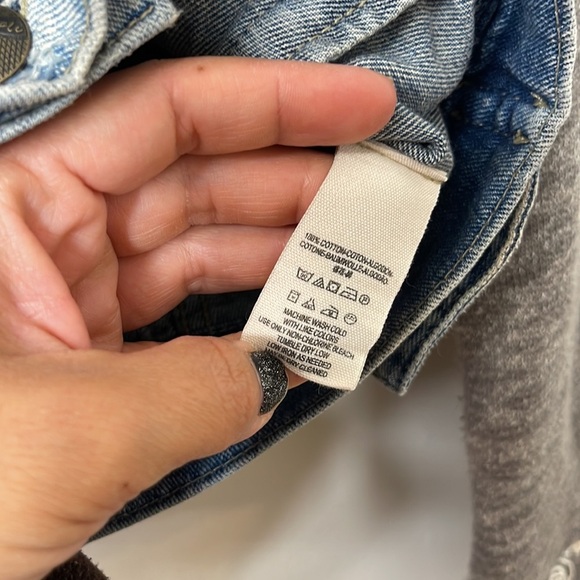 Free People Distressed Jean Jacket, Knit Sleeve, Removable Hood, Size Small - Picture 5 of 6